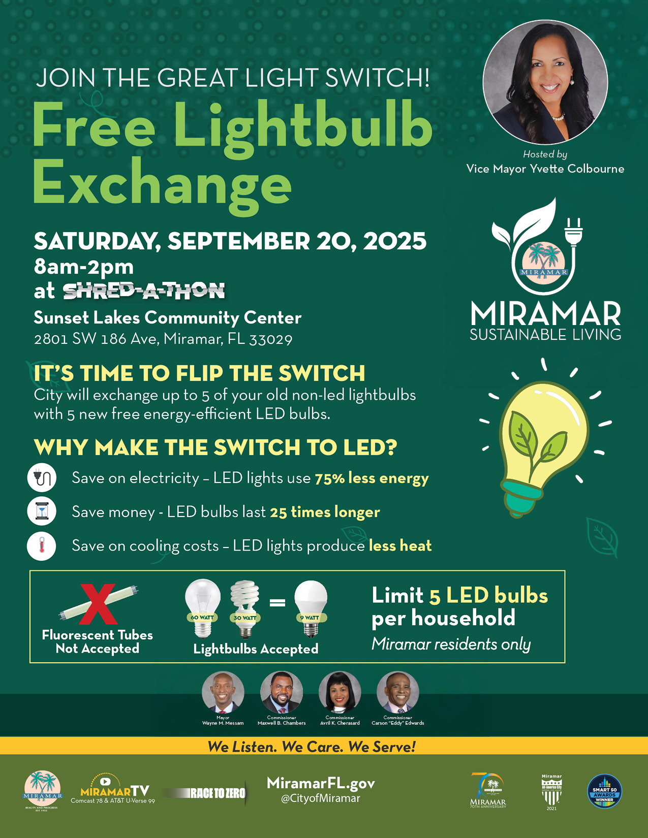 Free light bulb exchange on Saturday, September 20, 2025 at Sunset Lakes Community Center flyer