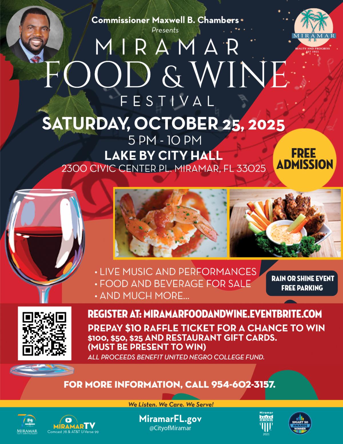 Wine & Food Festival on October 24 by the Lake at Miramar City Hall Starting at 5PM