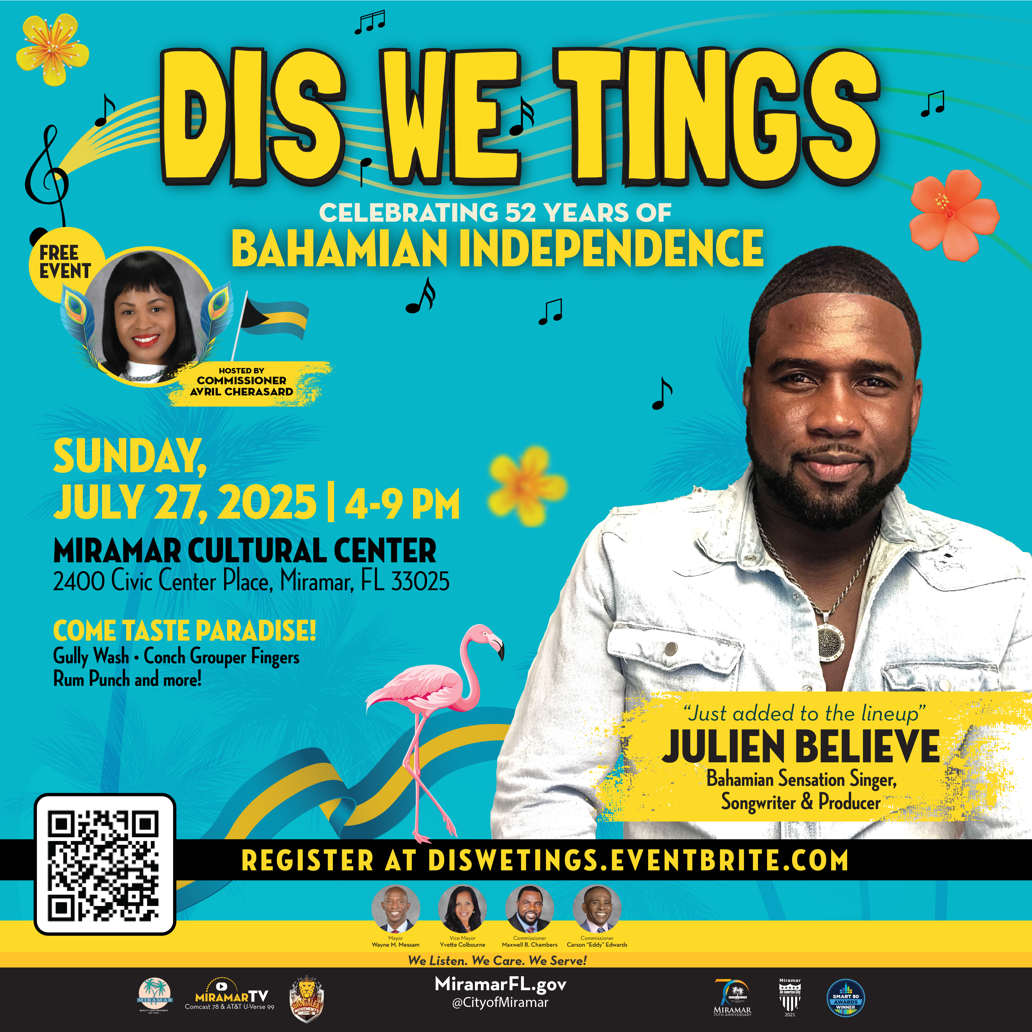 Dis we tings event on July 27 at Miramar Culture Center at 4PM celebrating Bahamian independence