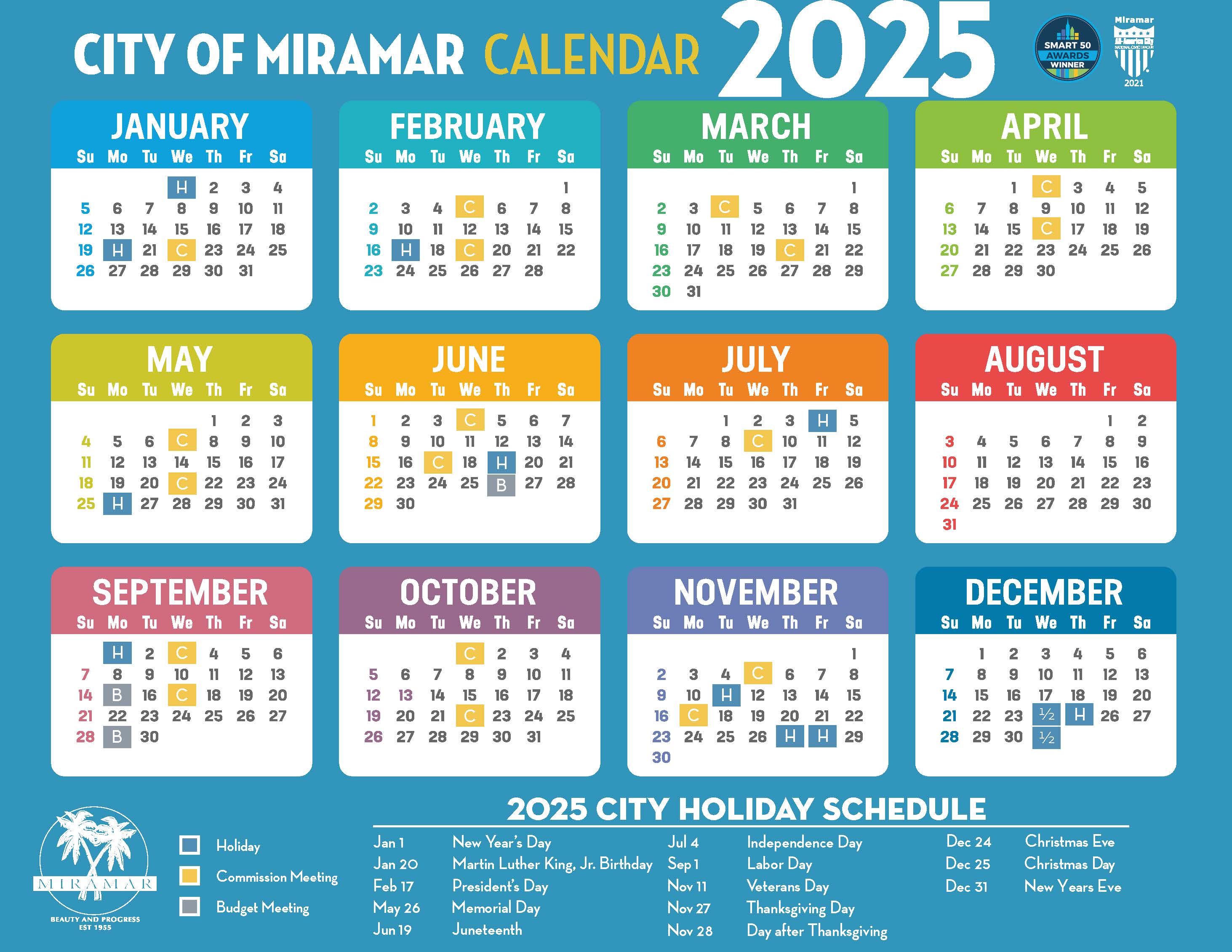City Clerk Calendar with dates of commission meetings and city holidays