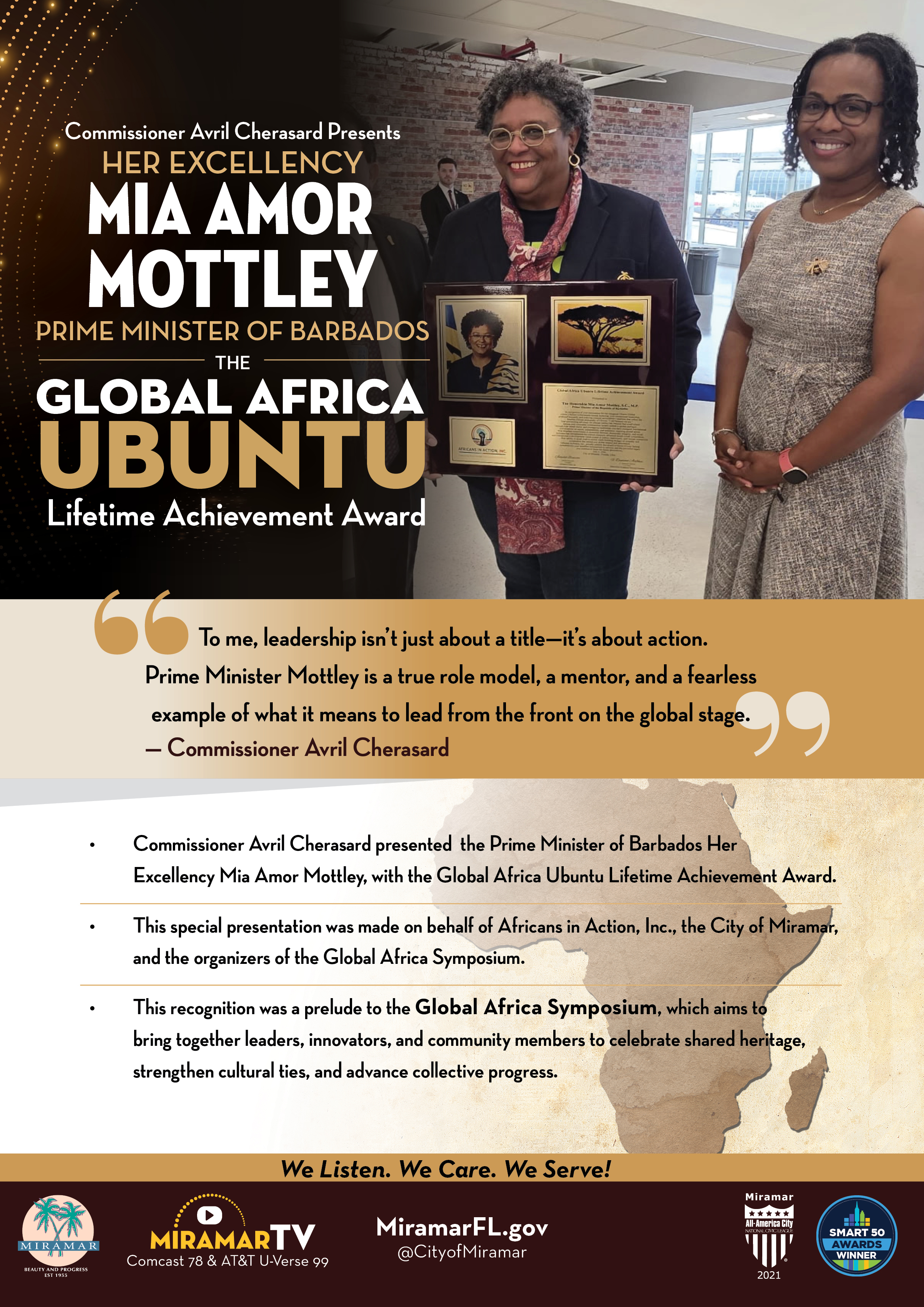 Global Africa Ubuntu Lifetime Achievement Award presented to Mia Amor Mottley Prime Minister of Barbados