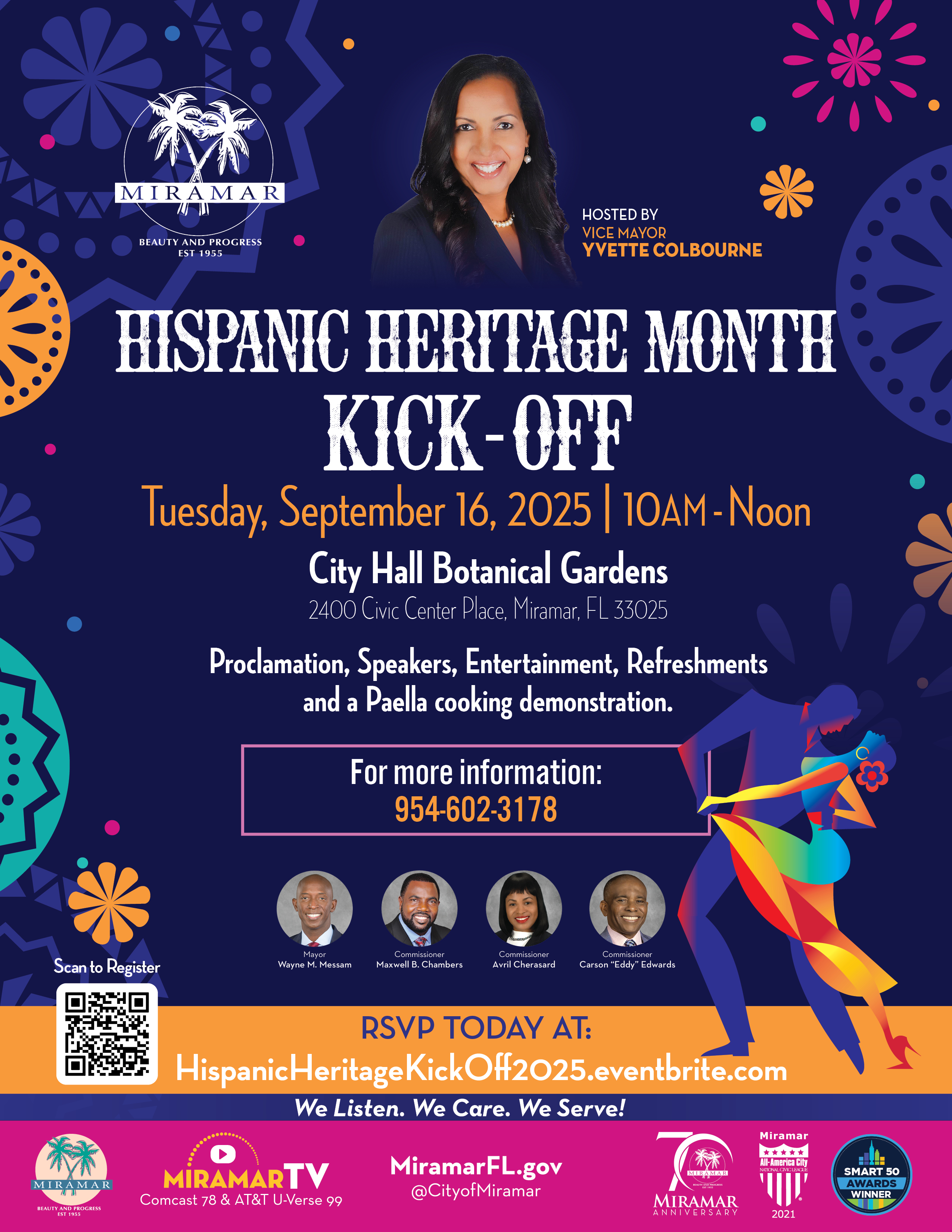 Flyer about Hispanic Heritage Month Kick Off on September 16 at City Hall Botanical Gardens at 10AM