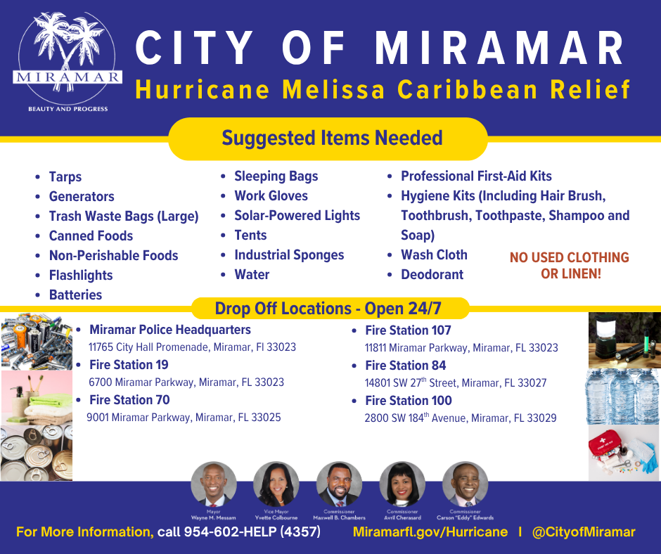 Hurricane Melissa Caribbean Relief Effort listing all Miramar Fire Stations and the Police Headquarters as Drop Off Locations