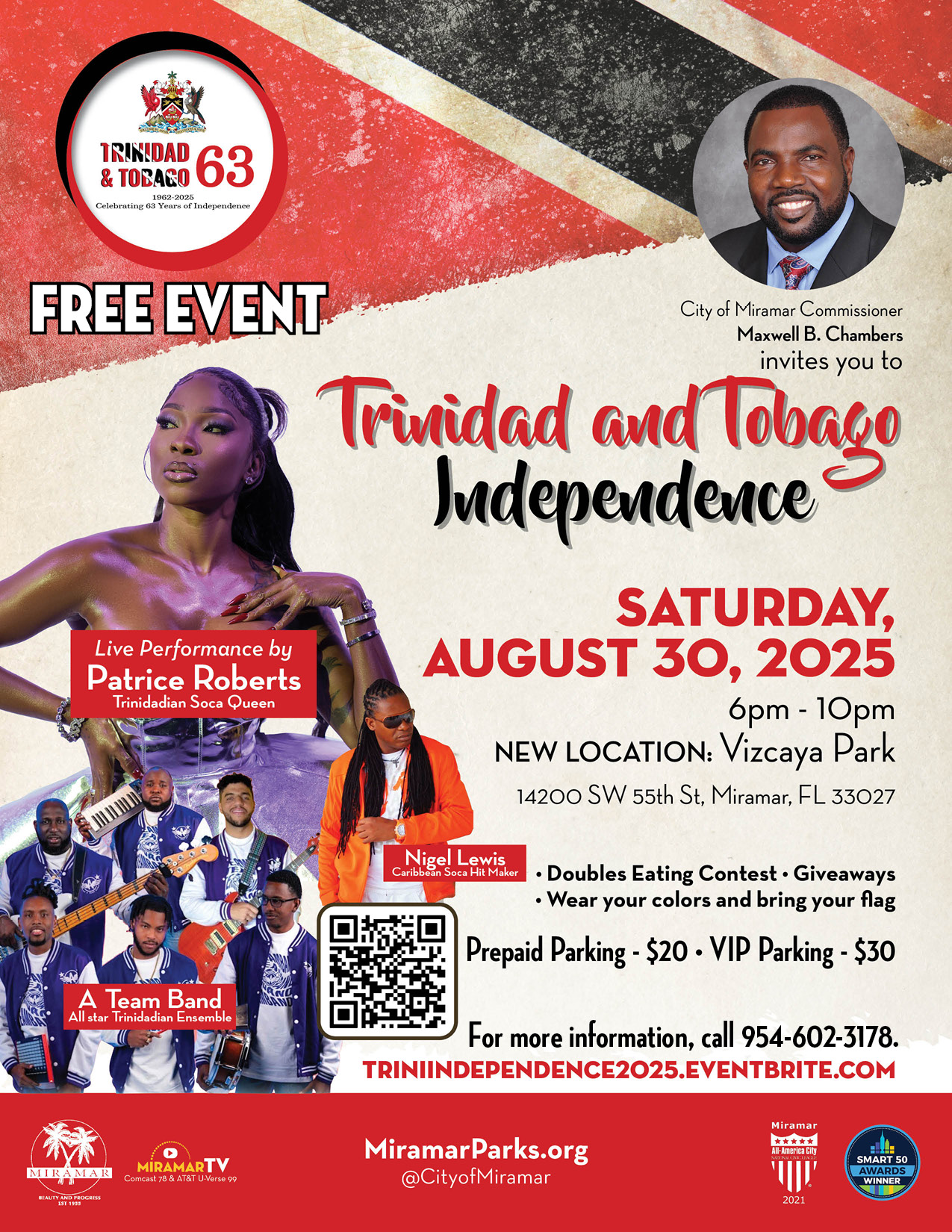 Flyer for the Trinidad Tobago Independence event on Saturday, August 30, 2025 at 6PM at Vizcaya Park with Parking at $20