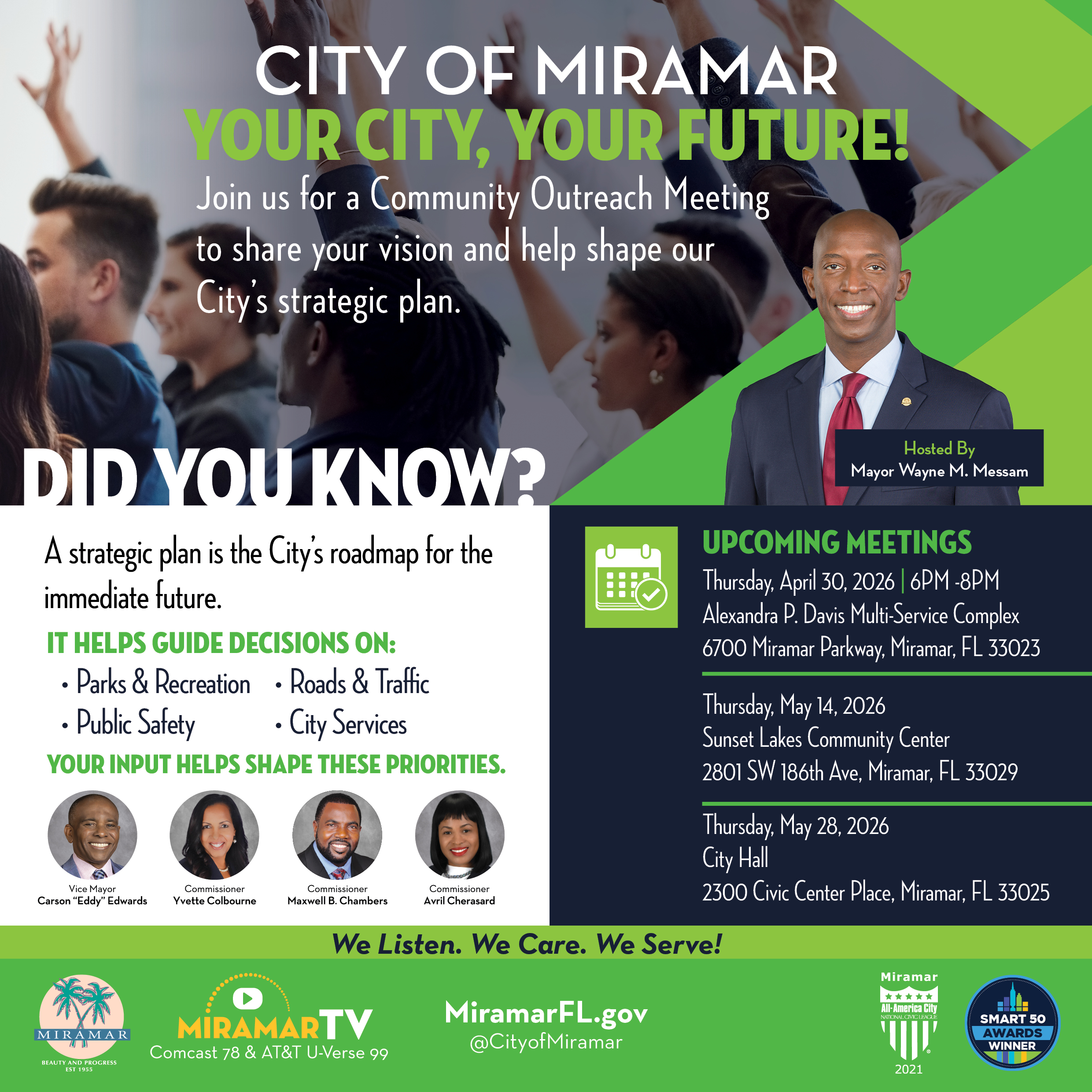 City of Miramar Strategic Plan flyer with upcoming meeting dates in April and May and different locations from 6PM to 8PM