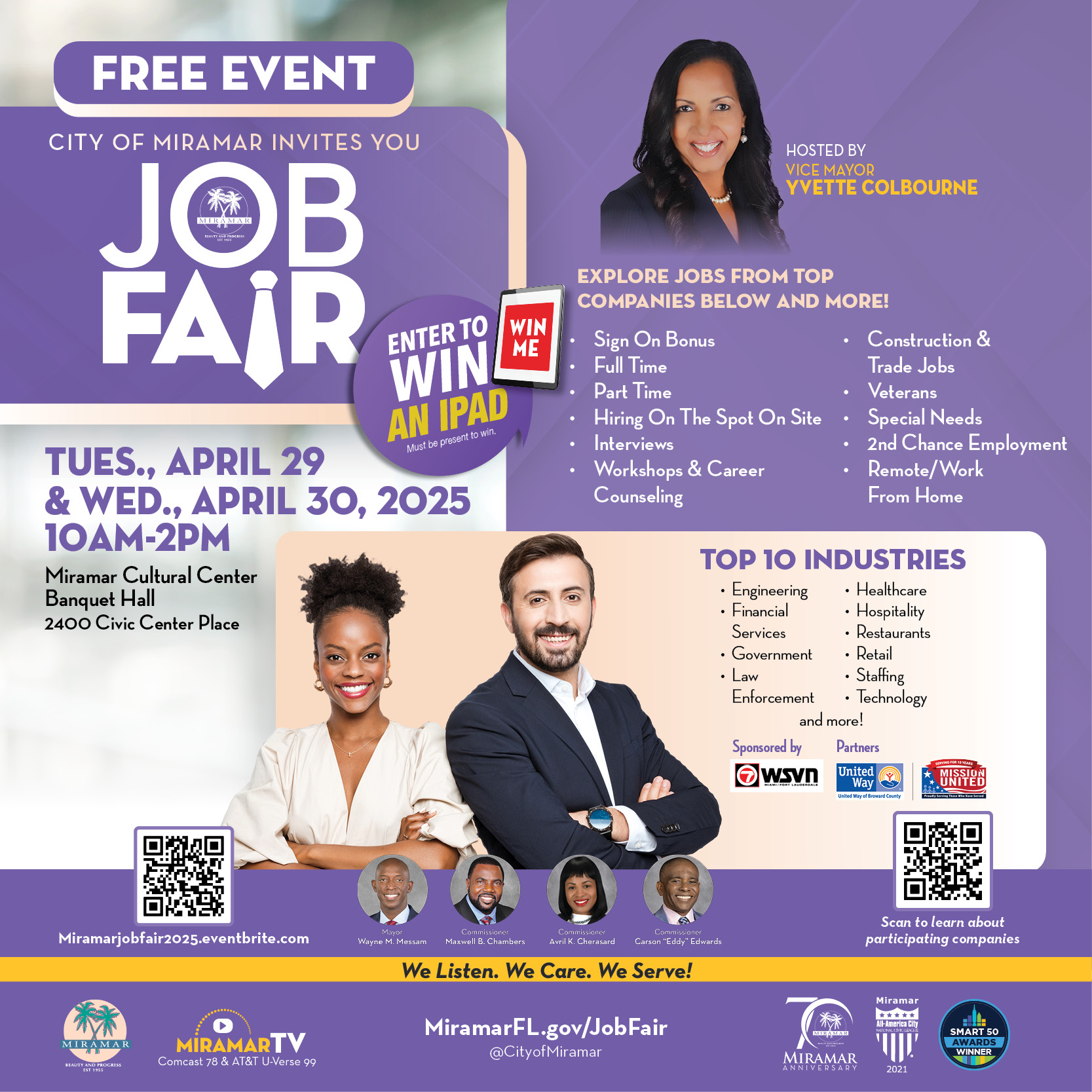 Job Fair flyer on April 29 and April 30 at the Miramar Cultural Center from 10am to 2pm