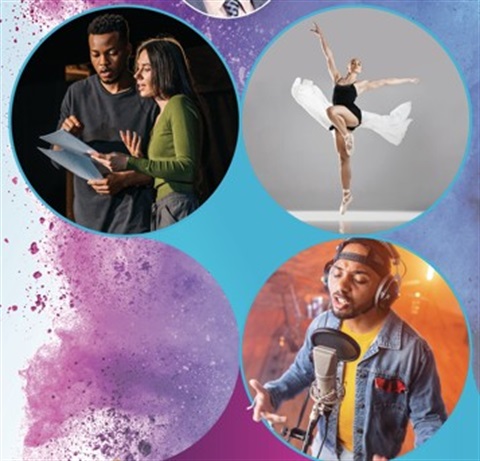 Person at a microphone and ballerina.